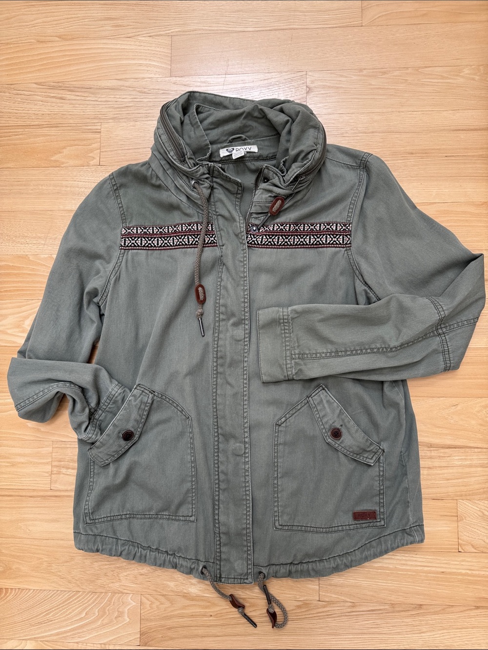 Roxy army green jacket 100% cotton with boho trim size XL